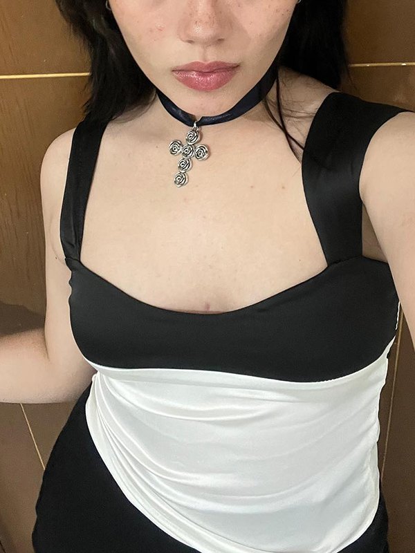 EMMIOL Tie Patchwork Satin Tank Top