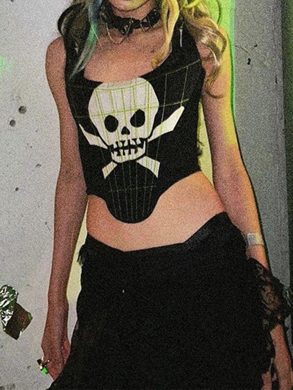 EMMIOL Top tipo corsé de espina de pescado con estampado de calaveras