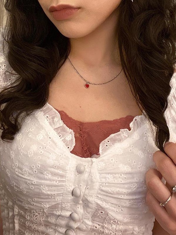 EMMIOL Fungus Button Down Broidered Lace Crop Blouse