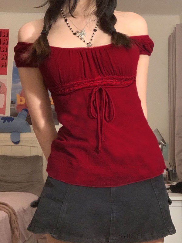 EMMIOL Lace Bow Lace Red Trim Blouse