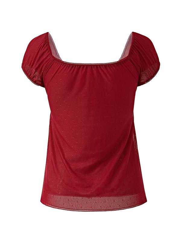 EMMIOL Bluse mit Spitzenschleife und rotem Spitzenbesatz