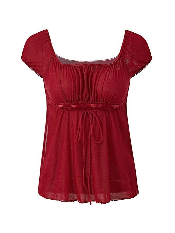 EMMIOL Lace Bow Lace Red Trim Blouse