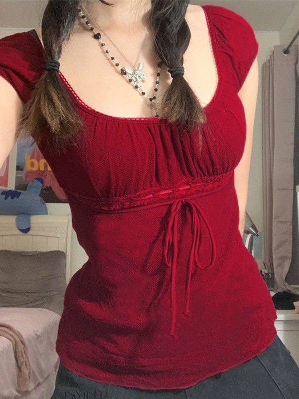 EMMIOL Lace Bow Lace Red Trim Blouse