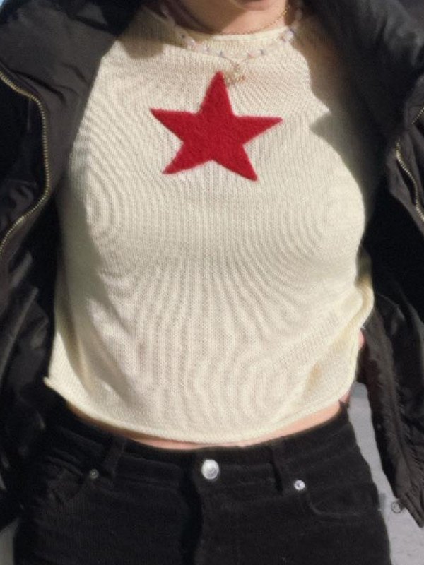 EMMIOL Crew Neck Y2K Star Crochet Knit Sweater
