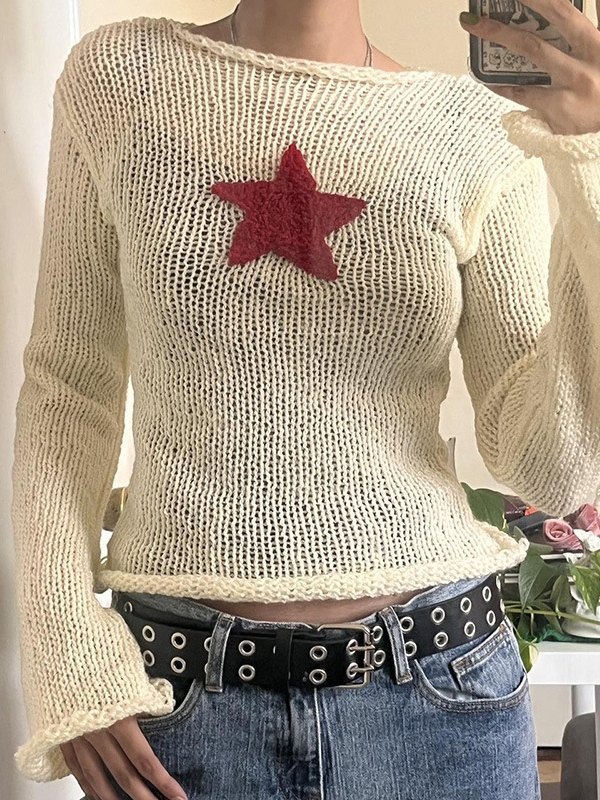 EMMIOL Crew Neck Y2K Star Crochet Knit Sweater