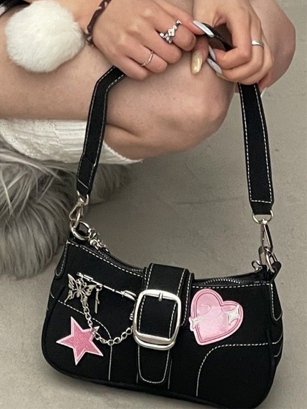 EMMIOL Chain Design Star Buckled Black Shoulder Bag