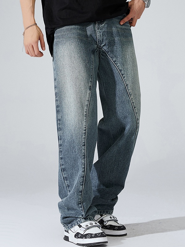 EMMIOL Men's Washed Patchwork Straight Loose Jean
