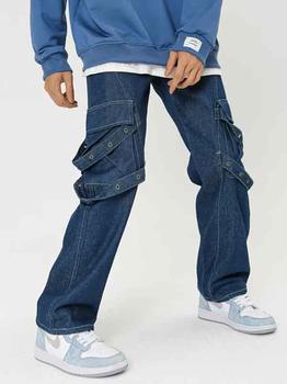 Emmiol Free shipping 2024 Men's Pocket Eyelet Decor Cargo Jeans Blue XL ...