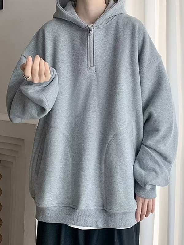EMMIOL Felpa con cappuccio oversize a mezza zip in pile tinta unita da uomo