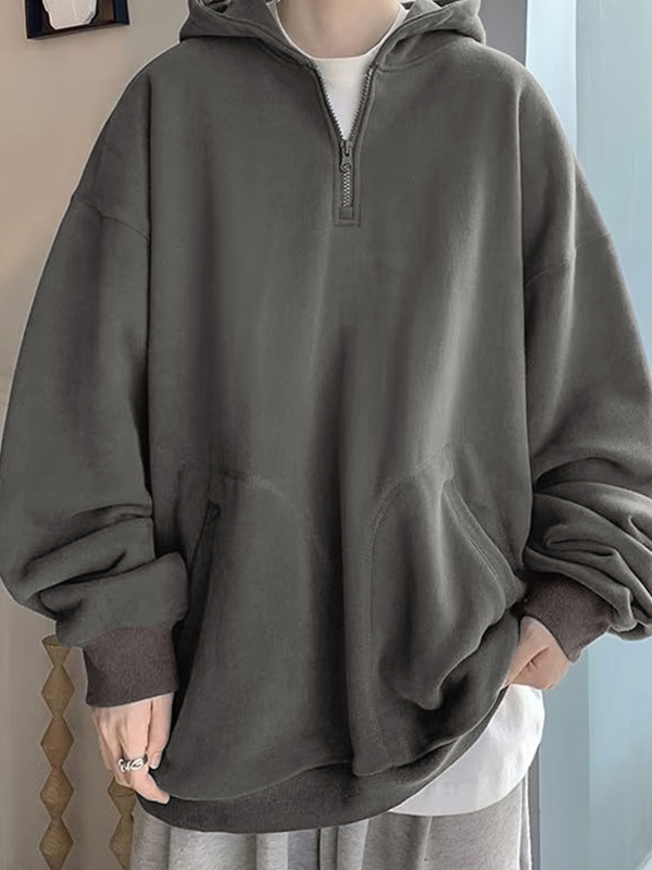 EMMIOL Einfarbiger, übergroßer Fleece-Kapuzenpullover mit halbem Reißverschluss für Herren