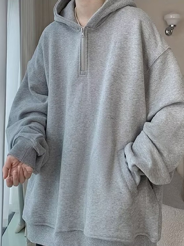 EMMIOL Felpa con cappuccio oversize a mezza zip in pile tinta unita da uomo