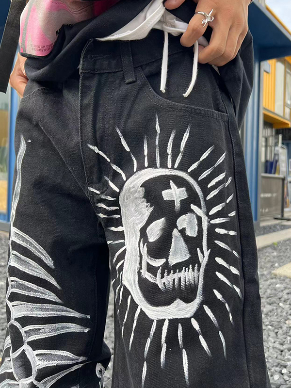 EMMIOL Vaqueros de pierna recta con estampado de calavera Hip Pop para hombre