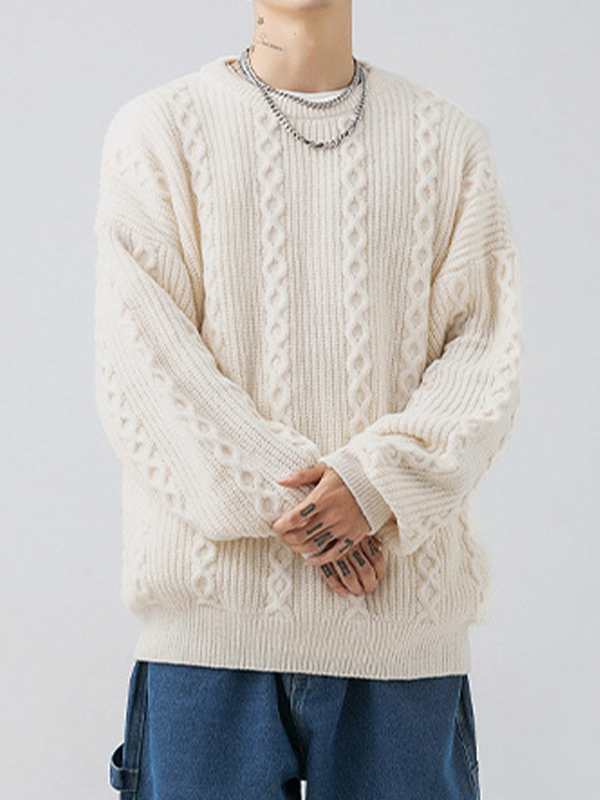 EMMIOL Men's Solid Crew Neck Cable Knit Sweater