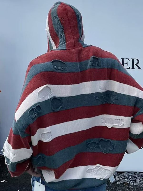 EMMIOL Men's Striped Tattered Design Oversized Hoodie