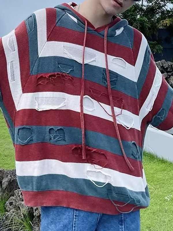 EMMIOL Men's Striped Tattered Design Oversized Hoodie