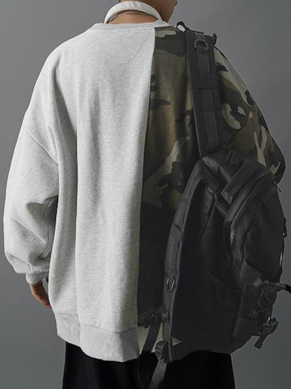 EMMIOL Sudadera con diseño asimétrico y empalme con estampado de camuflaje para hombre