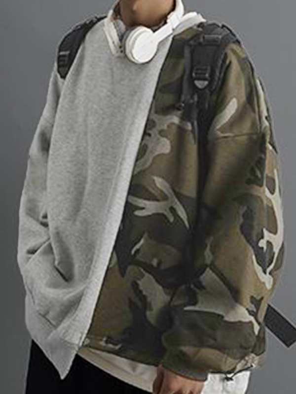 EMMIOL Sudadera con diseño asimétrico y empalme con estampado de camuflaje para hombre