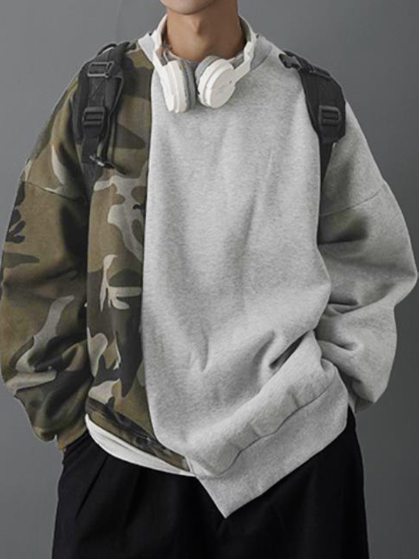 EMMIOL Sudadera con diseño asimétrico y empalme con estampado de camuflaje para hombre
