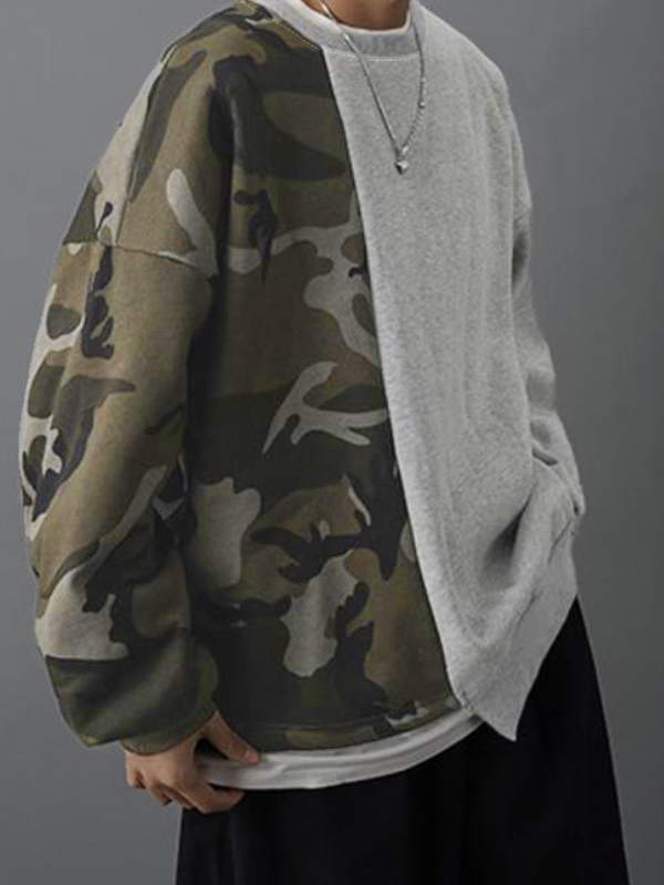 EMMIOL Sudadera con diseño asimétrico y empalme con estampado de camuflaje para hombre