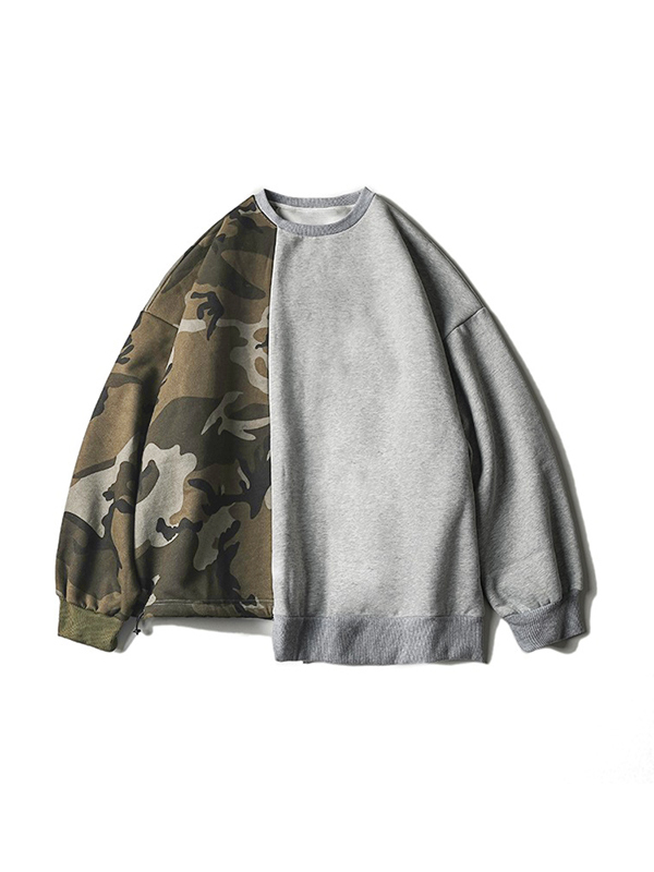 EMMIOL Sudadera con diseño asimétrico y empalme con estampado de camuflaje para hombre