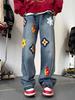 EMMIOL Men's Vintage Flower Embroidery Print Loose Jeans