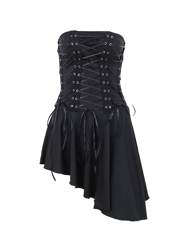 EMMIOL Irregular Hem Bandeau Lace Up Slim Mini Dress