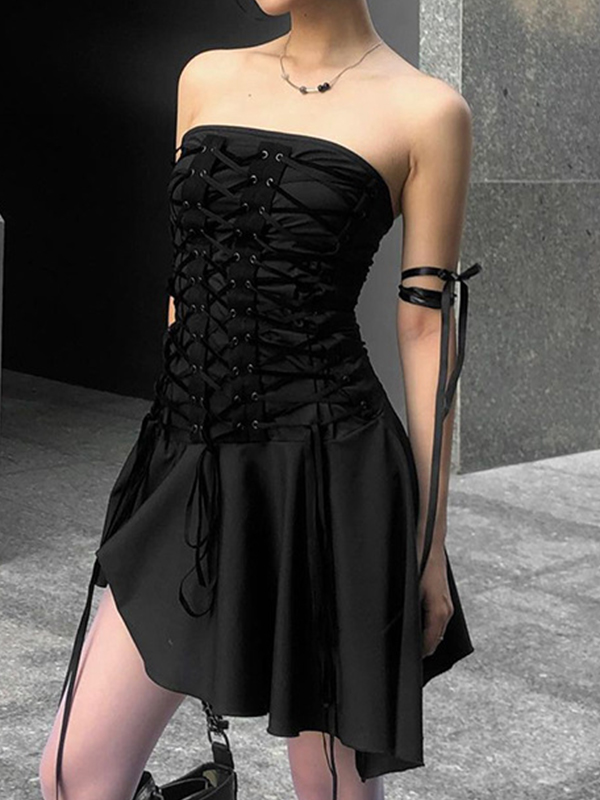 EMMIOL Irregular Hem Bandeau Lace Up Slim Mini Dress