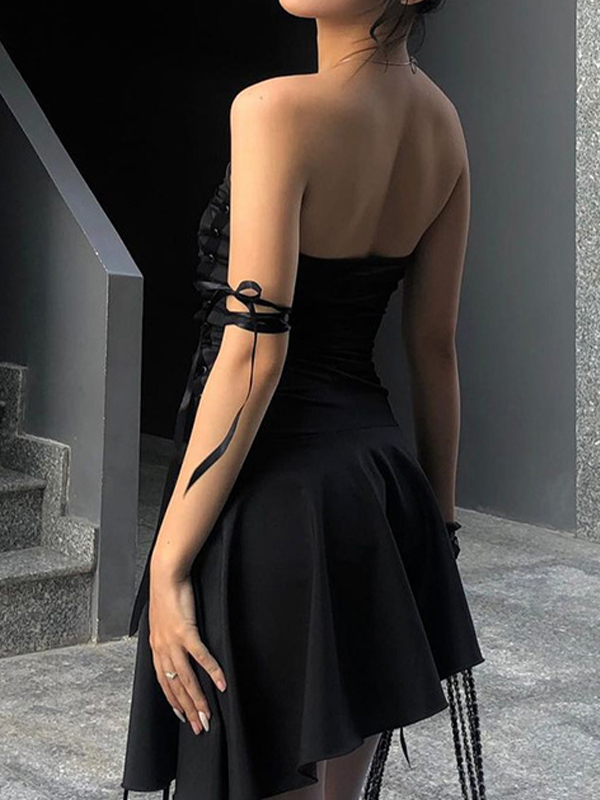 EMMIOL Irregular Hem Bandeau Lace Up Slim Mini Dress