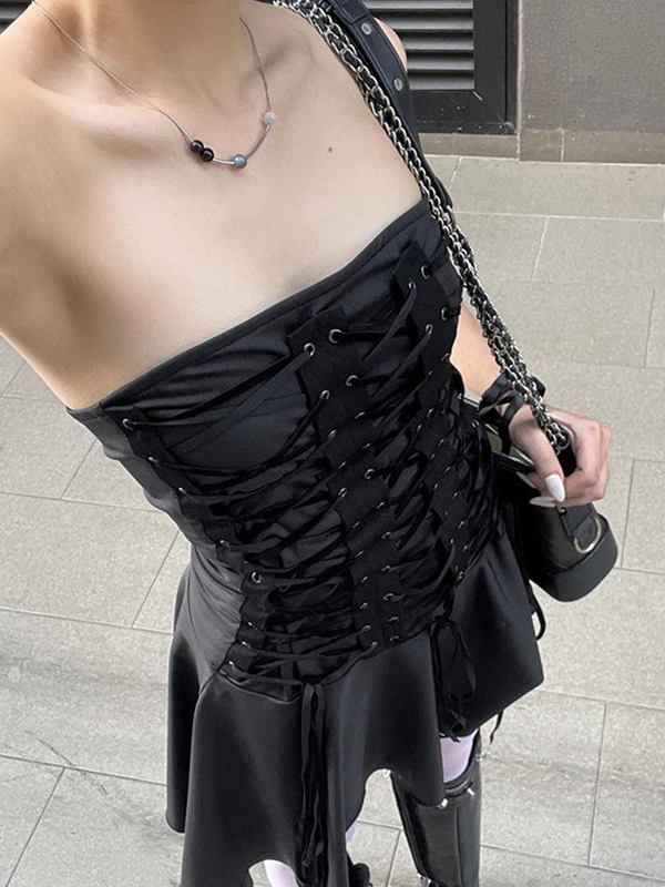 EMMIOL Irregular Hem Bandeau Lace Up Slim Mini Dress