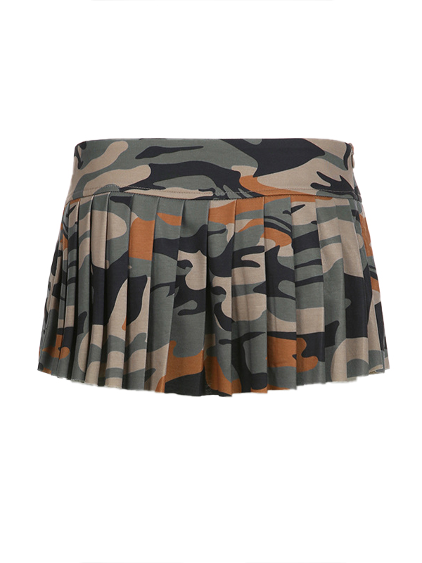 EMMIOL Camouflage-Plissee-Minirock mit niedriger Taille