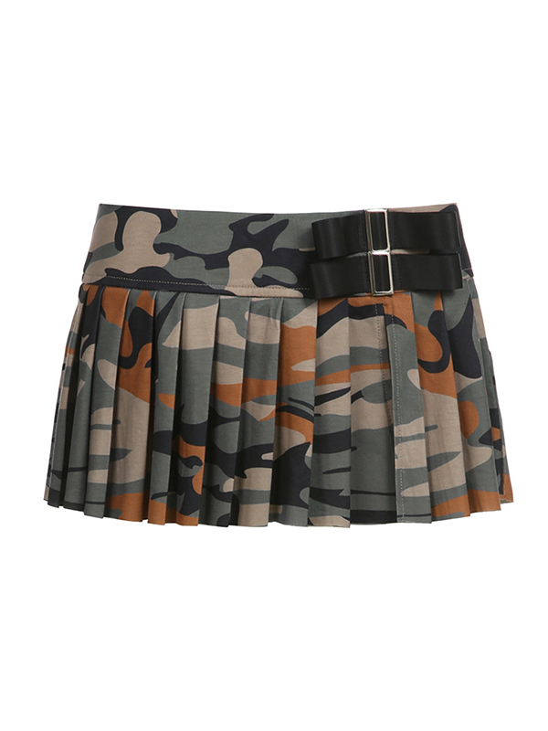 EMMIOL Camouflage-Plissee-Minirock mit niedriger Taille