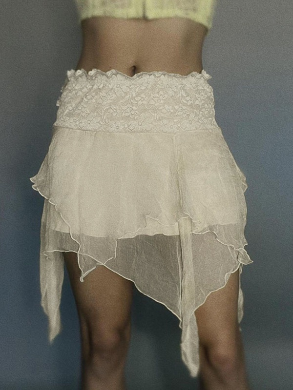 EMMIOL High Waist Mesh Asymmetric Hem Mini Skirt