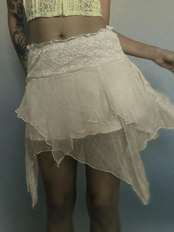 EMMIOL High Waist Mesh Asymmetric Hem Mini Skirt