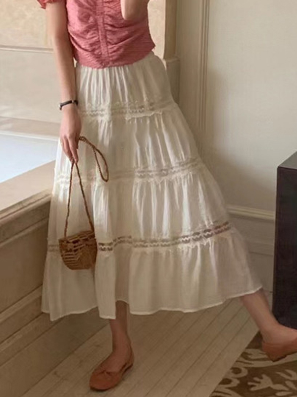EMMIOL Falda midi a capas con borde de encaje