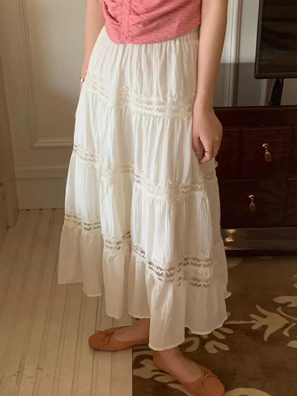 EMMIOL Falda midi a capas con borde de encaje