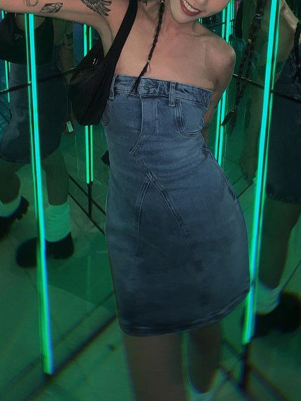 EMMIOL Minivestido de mezclilla de patchwork bandeau