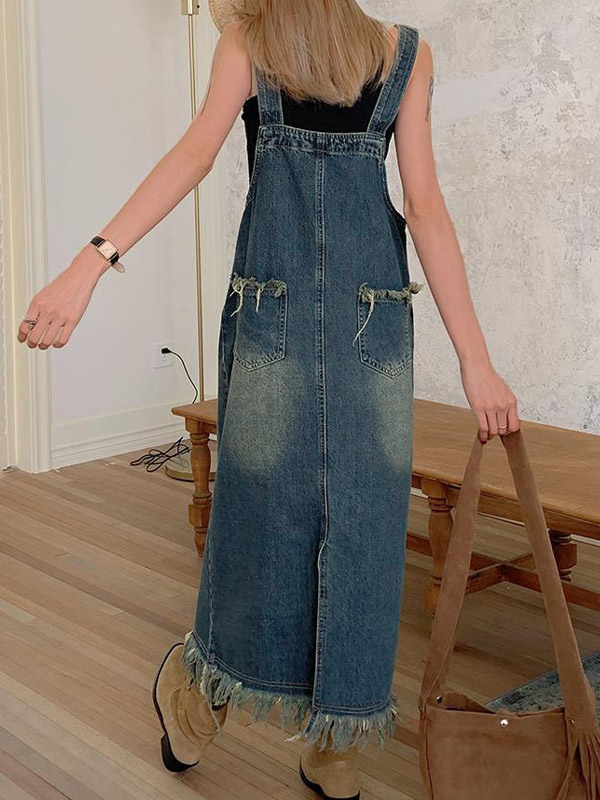 EMMIOL Vestido vaquero midi suelto con borde sin rematar