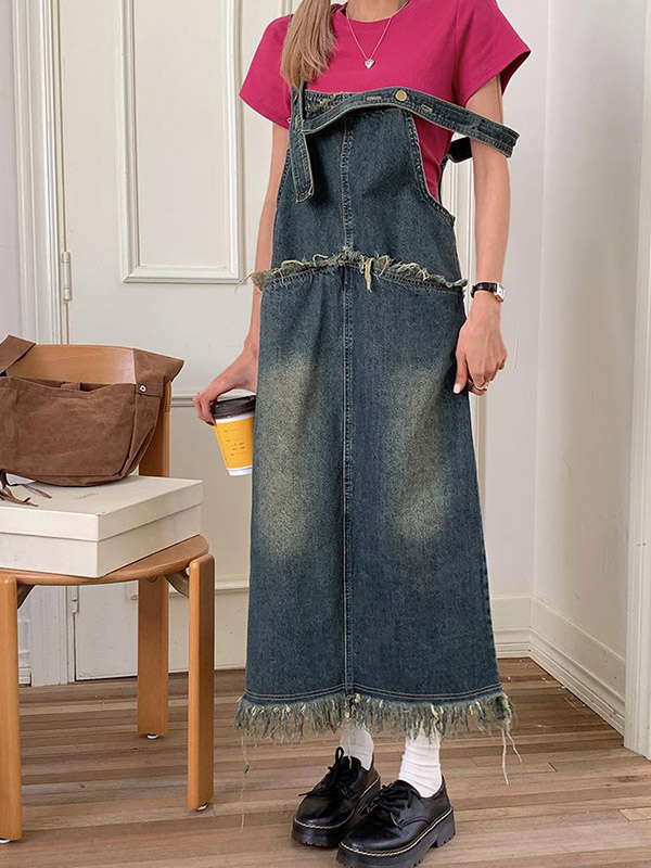 EMMIOL Vestido vaquero midi suelto con borde sin rematar