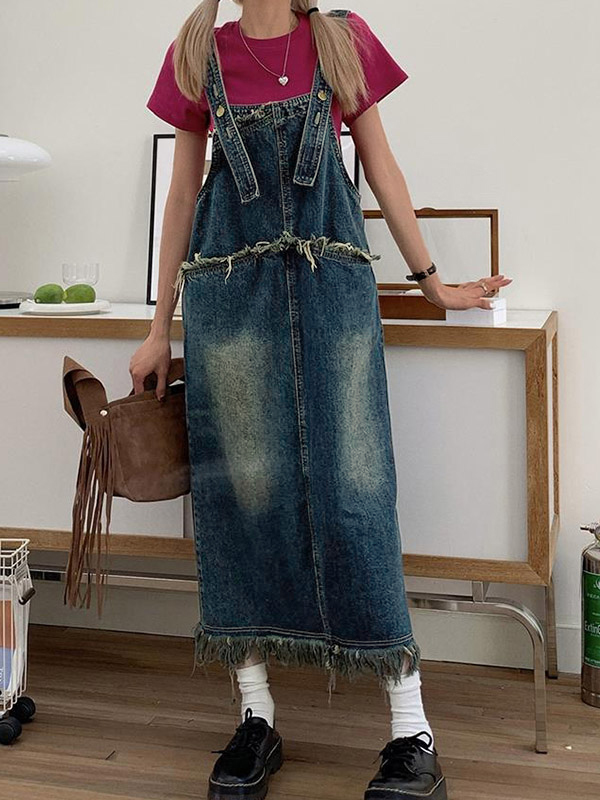 EMMIOL Vestido vaquero midi suelto con borde sin rematar
