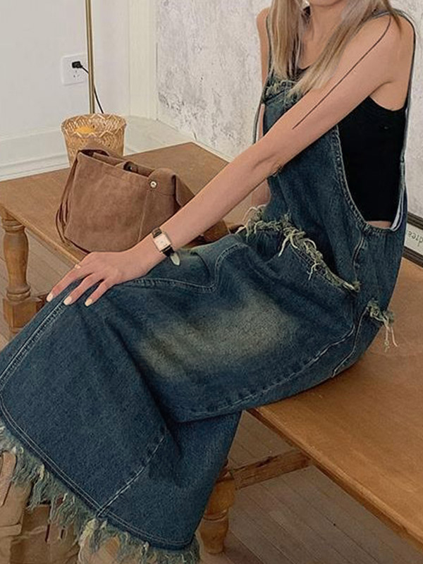 EMMIOL Vestido vaquero midi suelto con borde sin rematar
