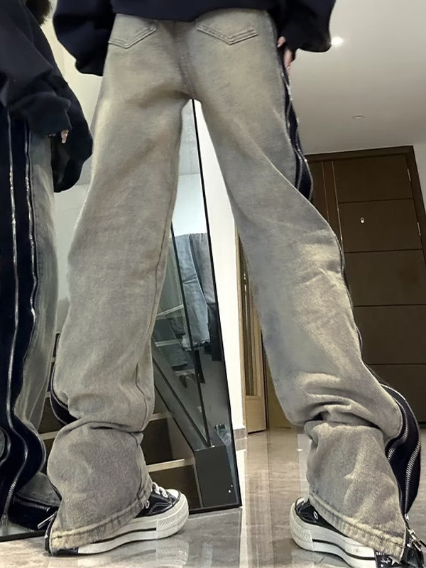 EMMIOL Verwaschene Boyfriend-Jeans mit Reißverschluss und Paspelierung