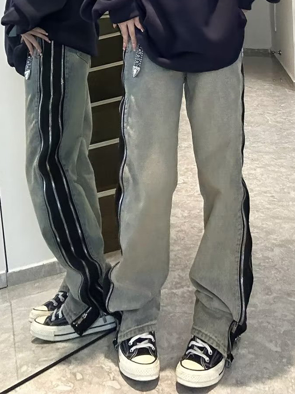 EMMIOL Verwaschene Boyfriend-Jeans mit Reißverschluss und Paspelierung