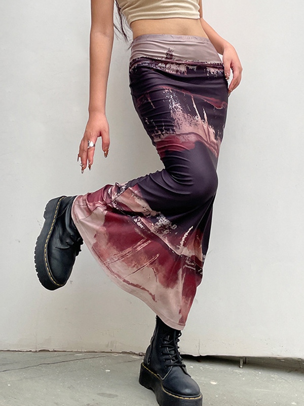 EMMIOL Elastischer, schmaler Meerjungfrau-Midirock mit Vintage-Print