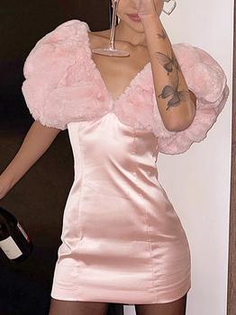 Emmiol Free shipping 2025 Fuzzy Collar Splice V Neck Satin Mini Dress ...