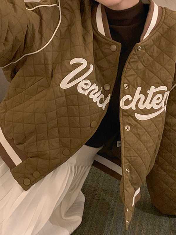 EMMIOL Vintage Letter Embroidered Argyle Short Varsity Jacket