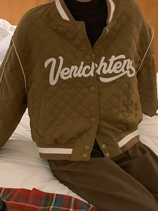 EMMIOL Vintage Letter Embroidered Argyle Short Varsity Jacket