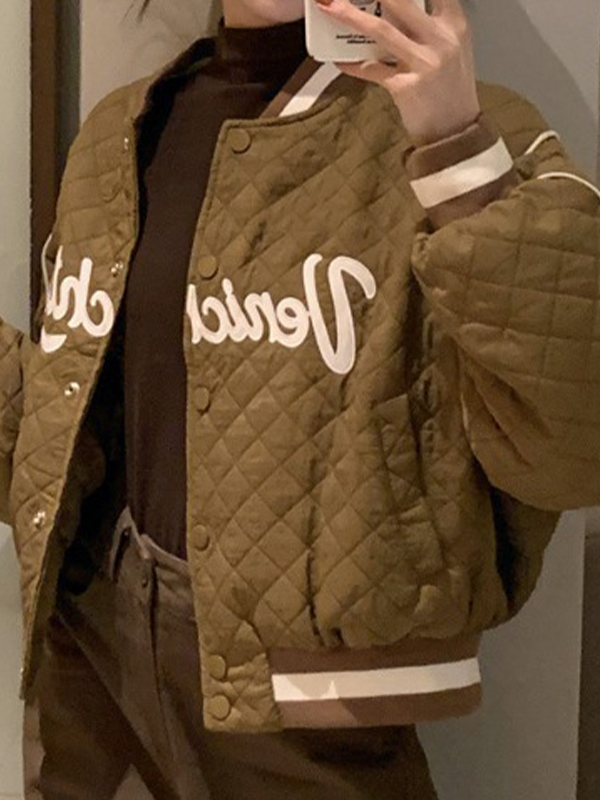 EMMIOL Vintage Letter Embroidered Argyle Short Varsity Jacket