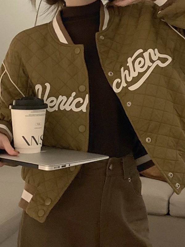 EMMIOL Vintage Letter Embroidered Argyle Short Varsity Jacket