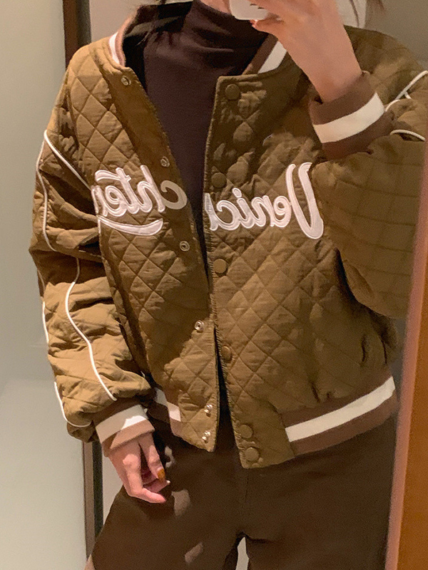 EMMIOL Vintage Letter Embroidered Argyle Short Varsity Jacket