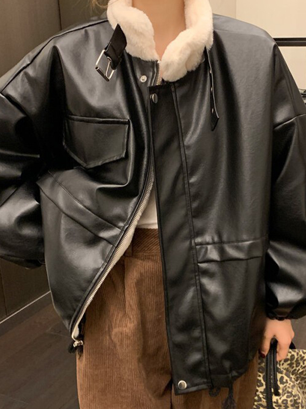 EMMIOL Lederjacke mit flauschigem Kragen und Klappendetail